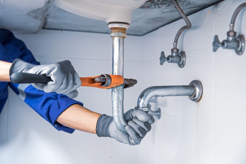 Plumber fixing pipe under sink
